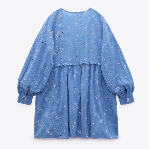 NEW ZARA SHORT EMBROIDERED DRESS BLUE V NECK LONG SLEEVES A LINE WOMENS SIZE M - Picture 7 of 8